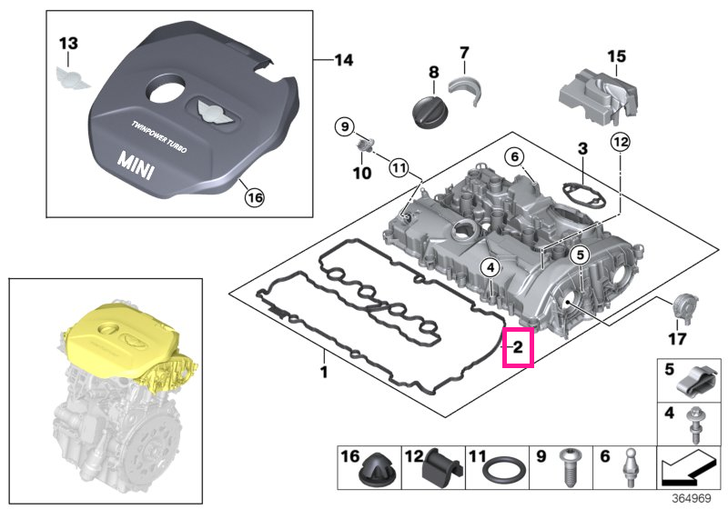 11128618519 Garnitura capac chiulasa - BMW Seria 1 F20 F21, Seria 2 F22 F23 F45 F46, Seria 3 F30 F31 F34, Seria 4 F32 F3