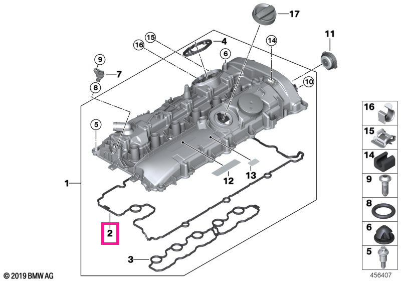 11128621951 Garnitura capac chiulasa, profil exterior - BMW Seria 1 F20 F21, Seria 2 F22 F23, Seria 3 F30 F31 F34, Seria