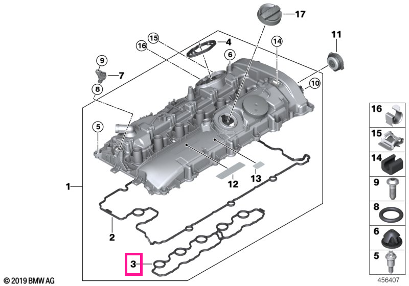 11128638124 Garnitura interioara capac chiulasa - BMW Seria 1 F20 F21, Seria 2 F22 F23, Seria 3 F30 F31 F34, Seria 4 F32