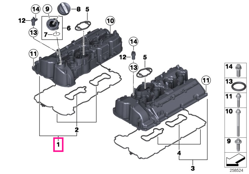 11128648131 Capac chiulasa, cilindrii 1-4, set garnituri inclus - BMW Seria 5 F10, Seria 6 F06 F12 F13, X5 M F85, X6 M F